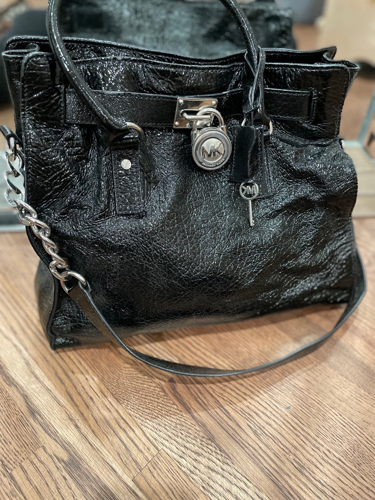 MICHAEL Michael Kors Black Croc Patent Leather Large Hamilton Shoulder Bag