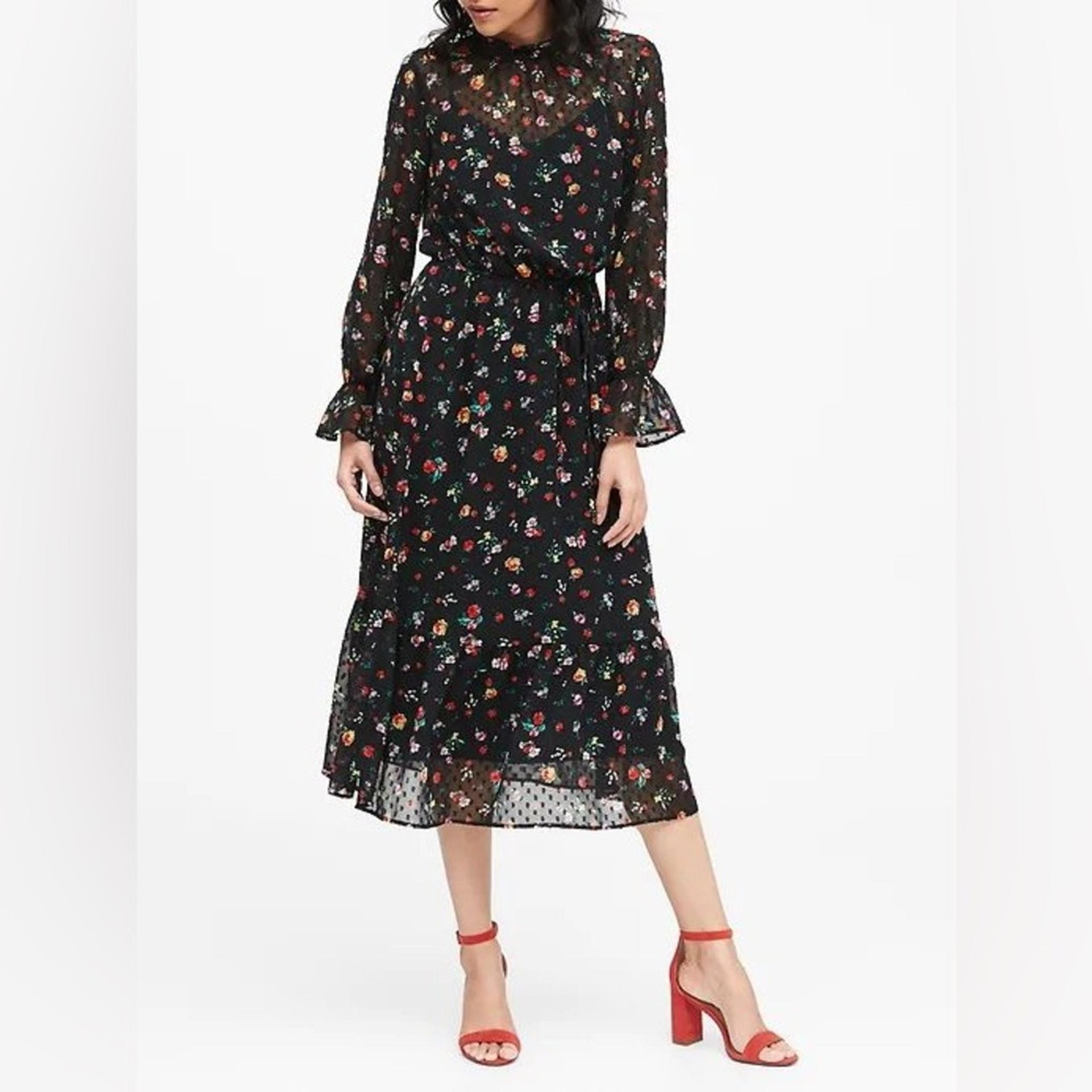 Banana Republic Black Colorful Floral Swiss Dot High Neck Midi Dress 14