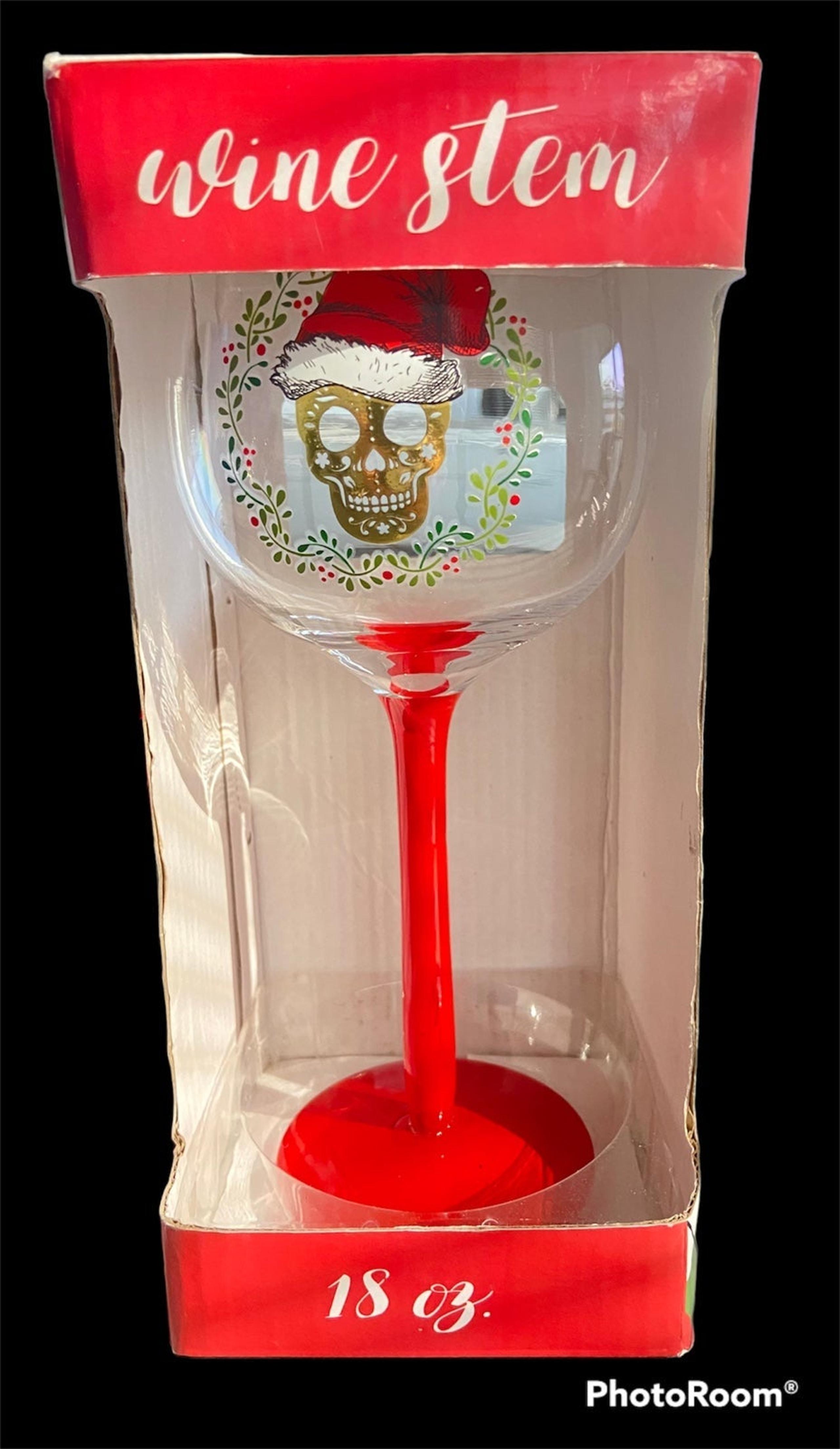 NIB TMD Holdings 18oz Skull with Santa Hat Wine Stem Glass.