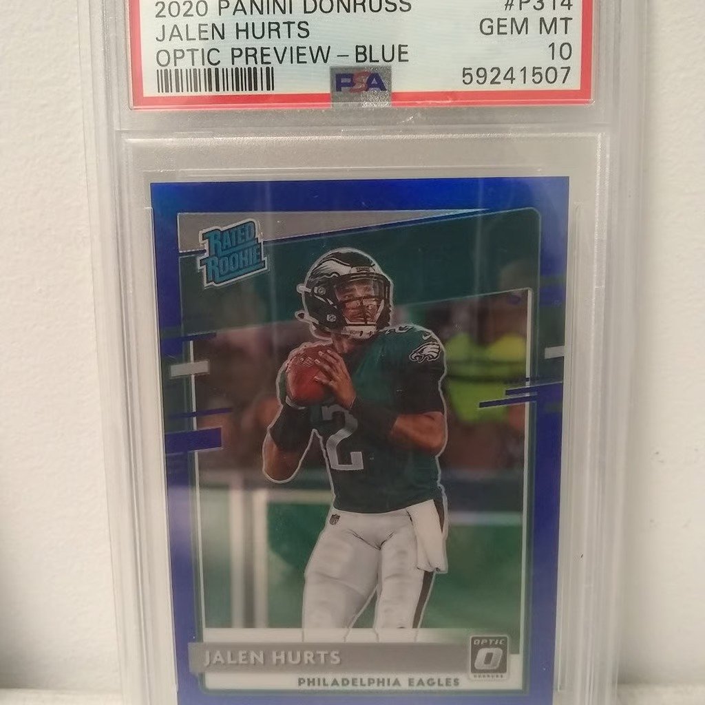 2020 DONRUSS JALEN HURTS ROOKIE RC #P314 OPTIC PREVIEW BLUE PRIZM #D /125 PSA 10