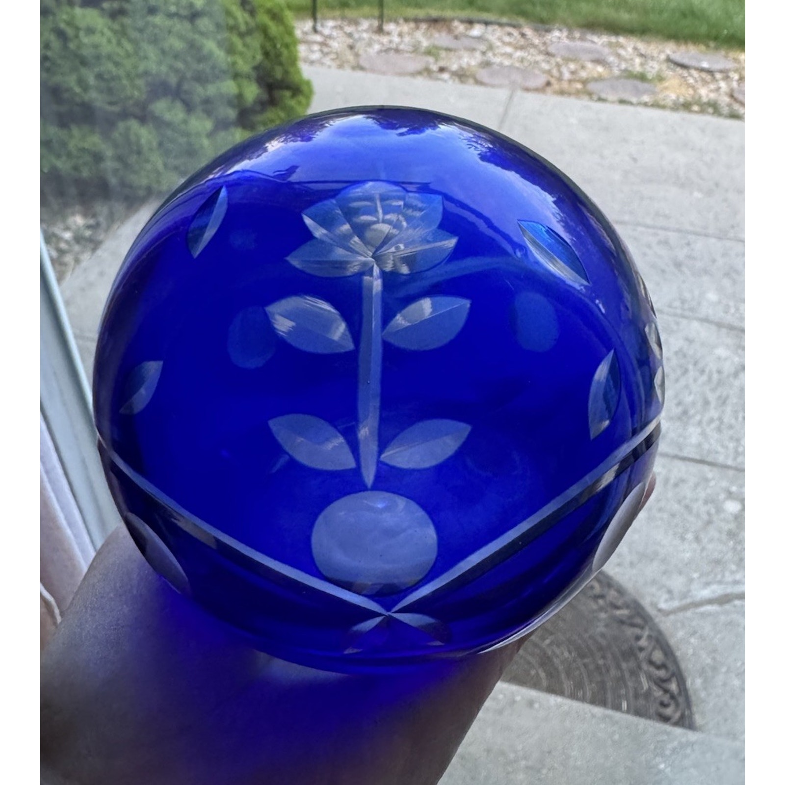 Vintage Bohemian Czech Cobalt Blue Cut To Clear Crystal Glass Paperweight 5” EUC