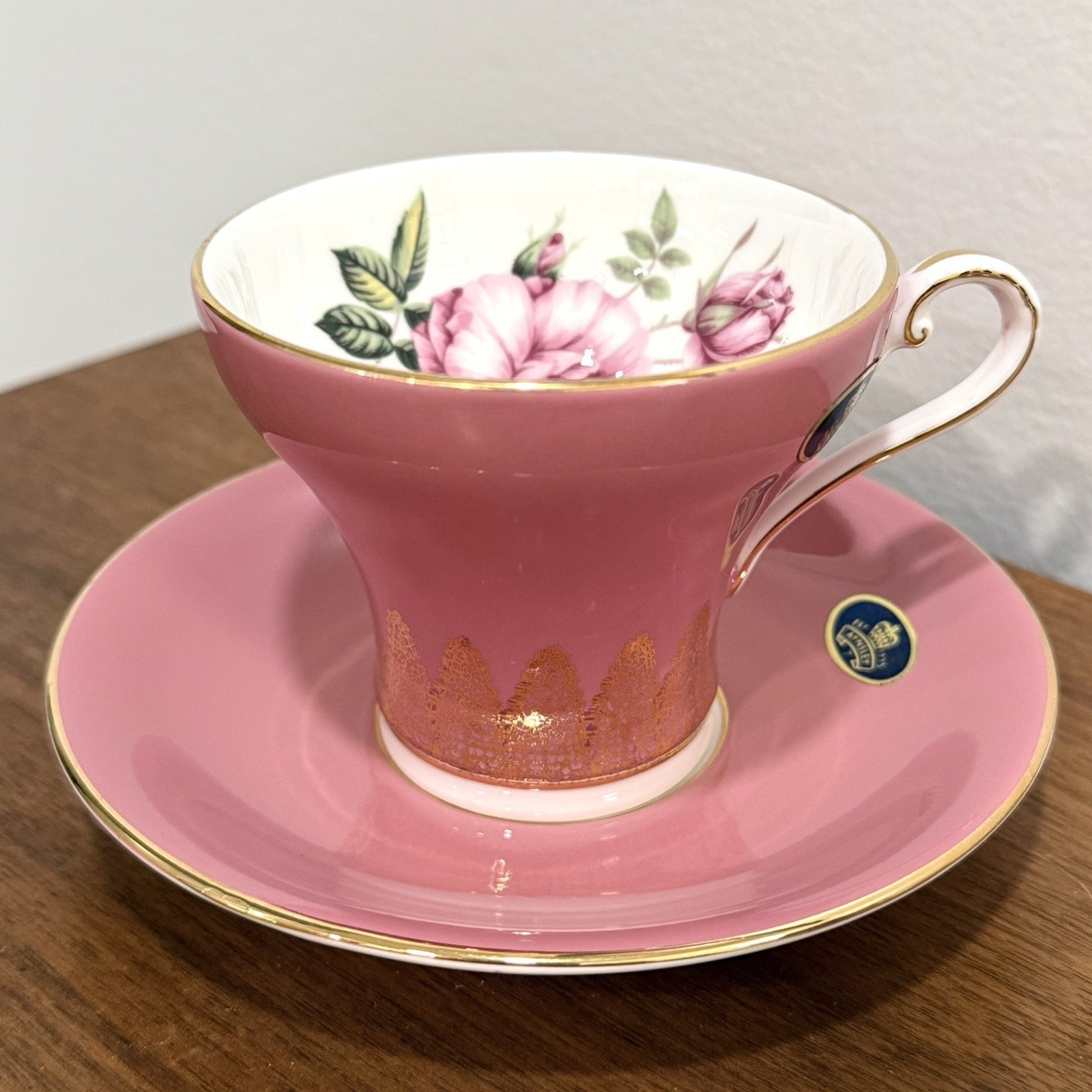 Aynsley England Bone China Teacup & Saucer Set Pink Cabbage Rose Corset Gold Rim