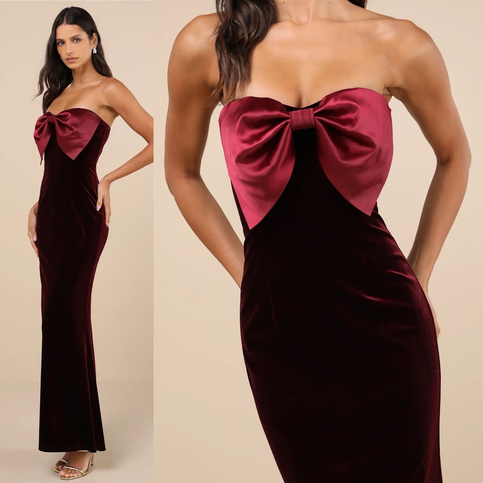 Burgundy Velvet Strapless Mermaid Maxi Dress with Oversized-Bow