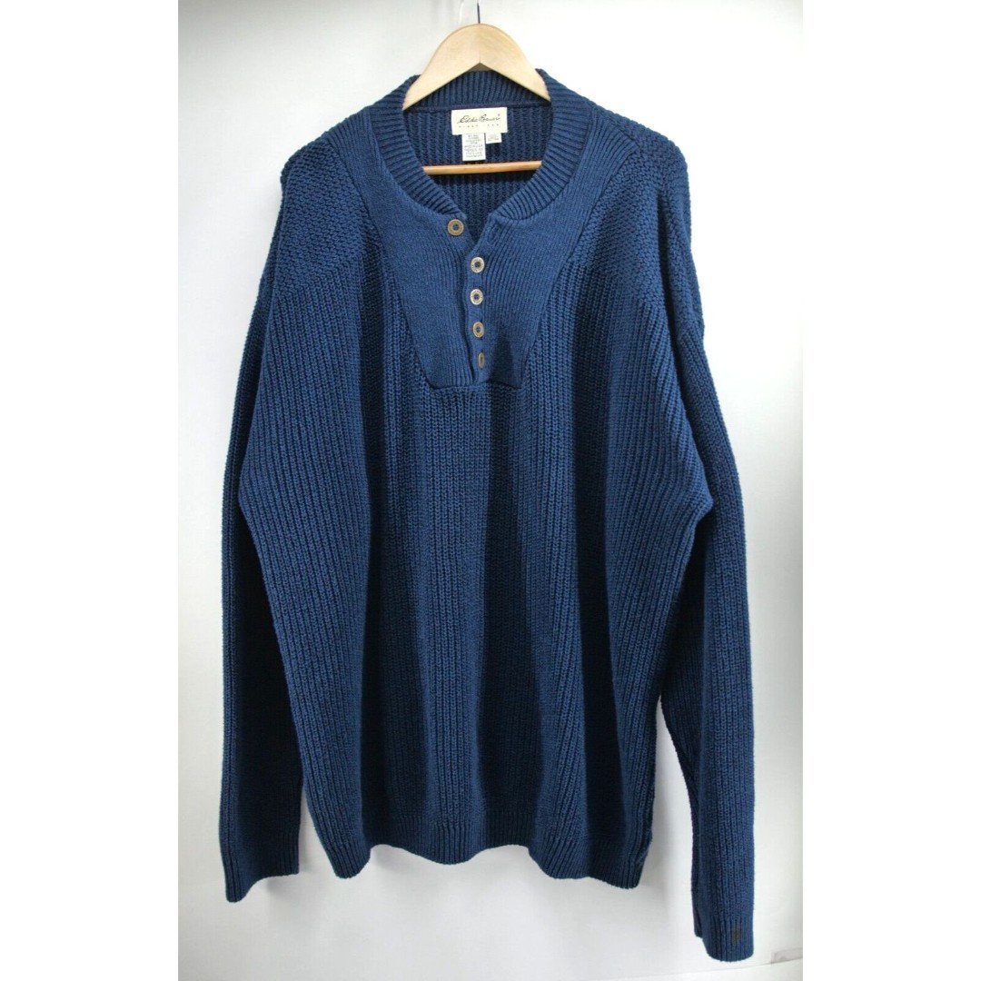 Vintage Eddie Bauer Chunky Knit Sweater Mens XL Navy Blue Cotton 1/4 Button