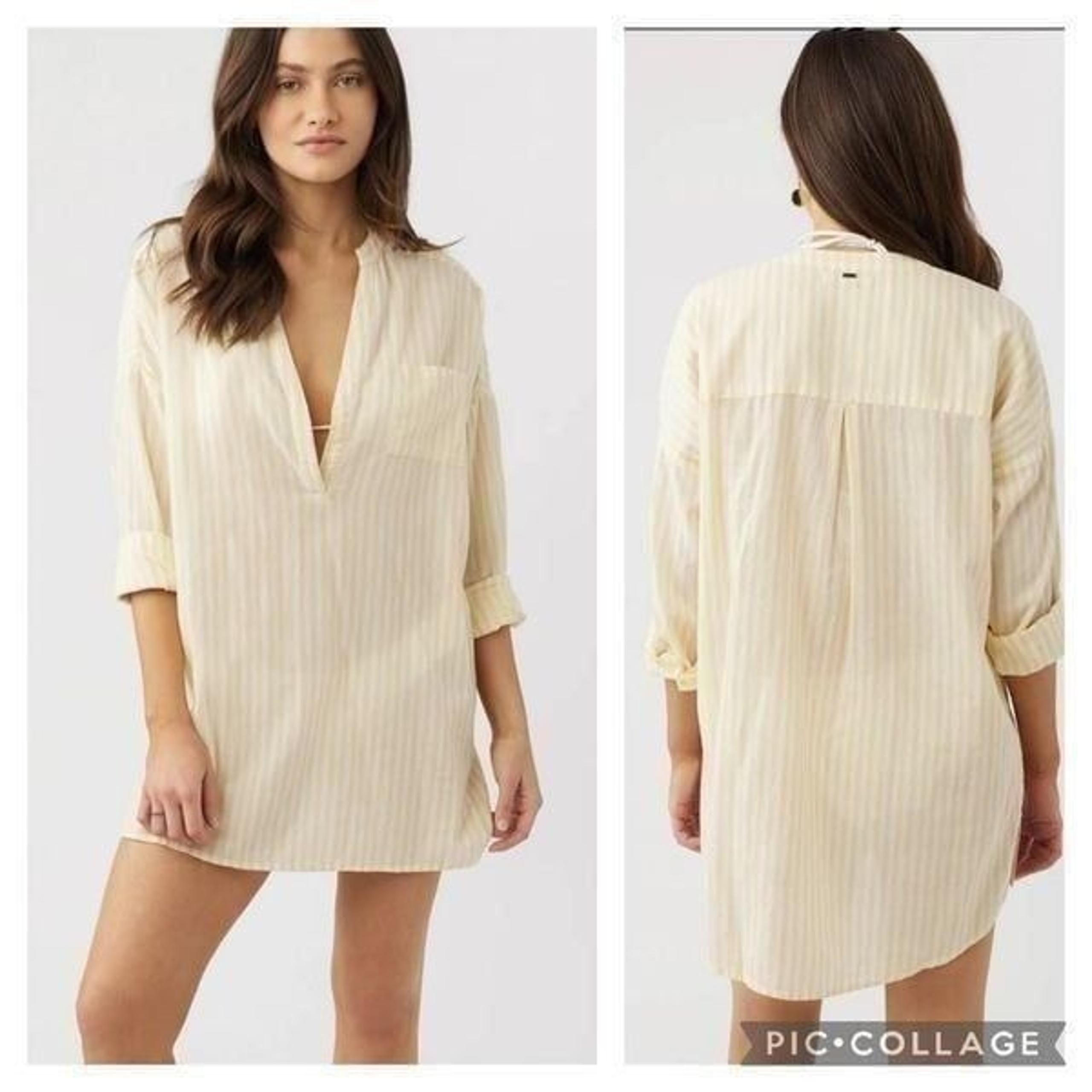 New O'Neill Belizin Yellow White Stripes Cover Up Oversized Size L Round V-neck