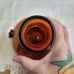 Vtg. amber art glass bottle; nodules/rigaree trim; handmade.