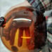 Vtg. amber art glass bottle; nodules/rigaree trim; handmade.