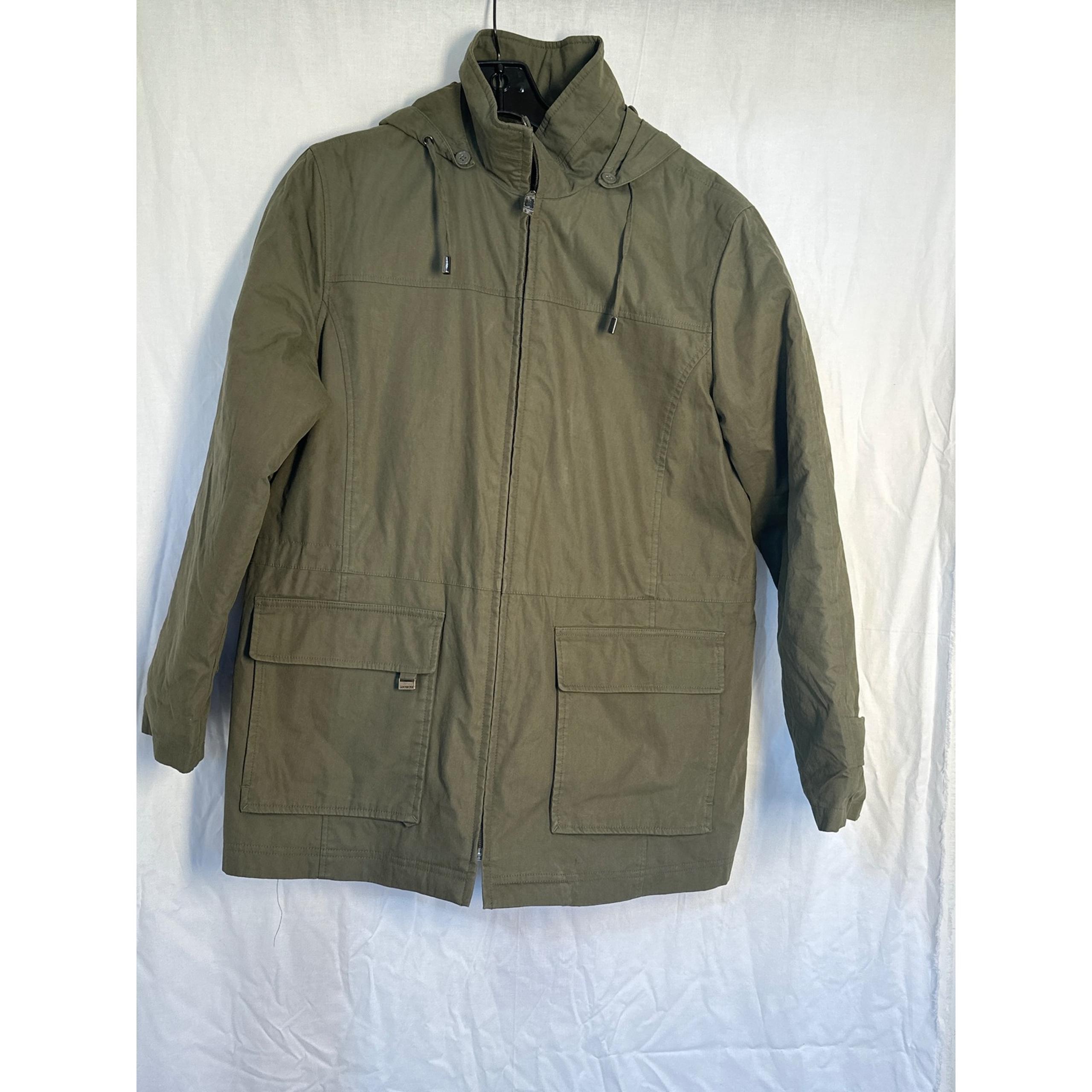 London Fog Hooded Rain Jacket Olive Green Full Zip Utility Coat M