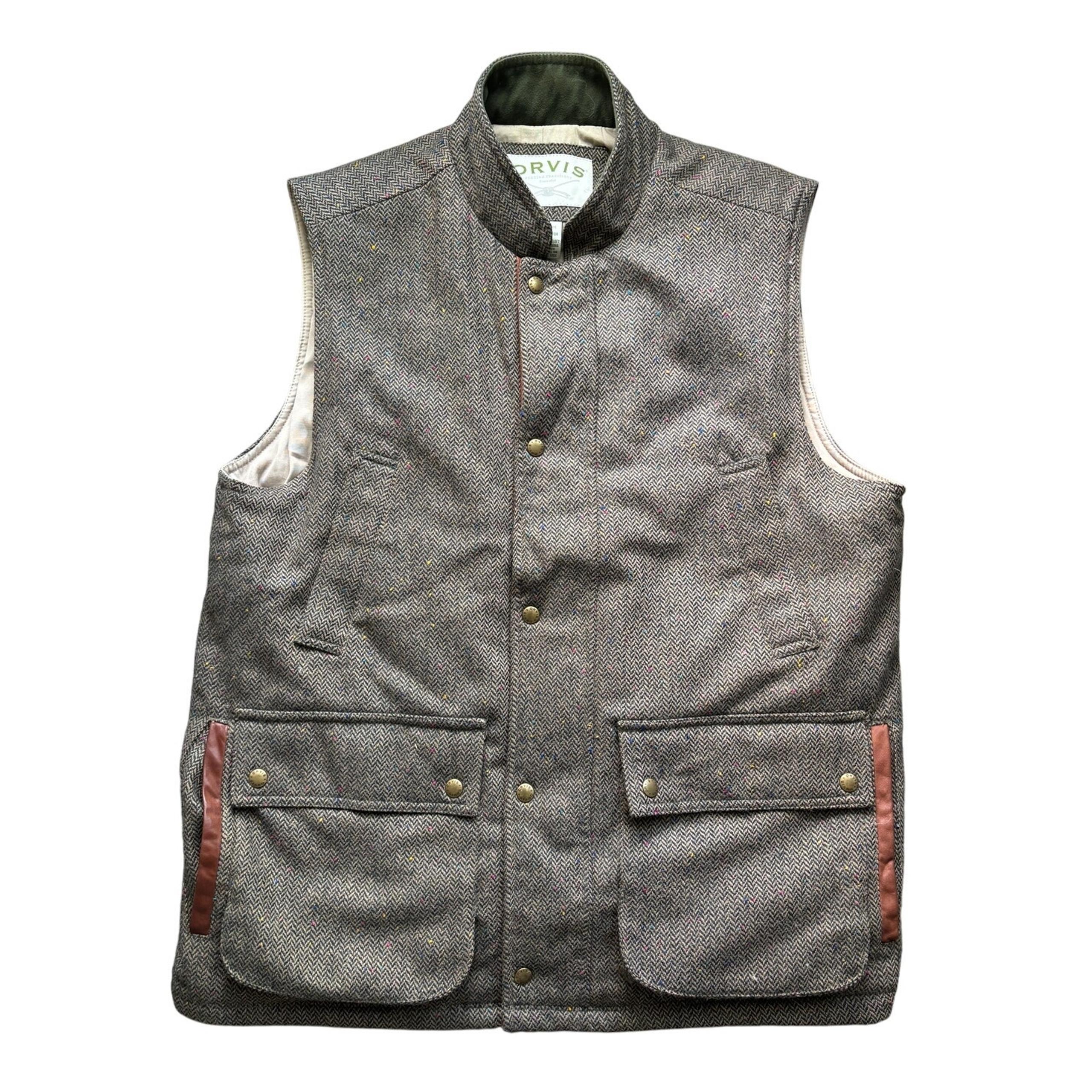 Orvis Mens Large Brown Wool Leather Trim hunting vest A9