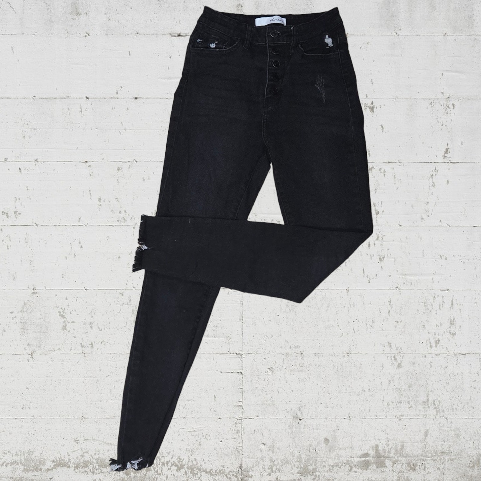 KanCan Black Denim Distressed High Waisted Fringe Fray Hem Skinny Jeans Size 25