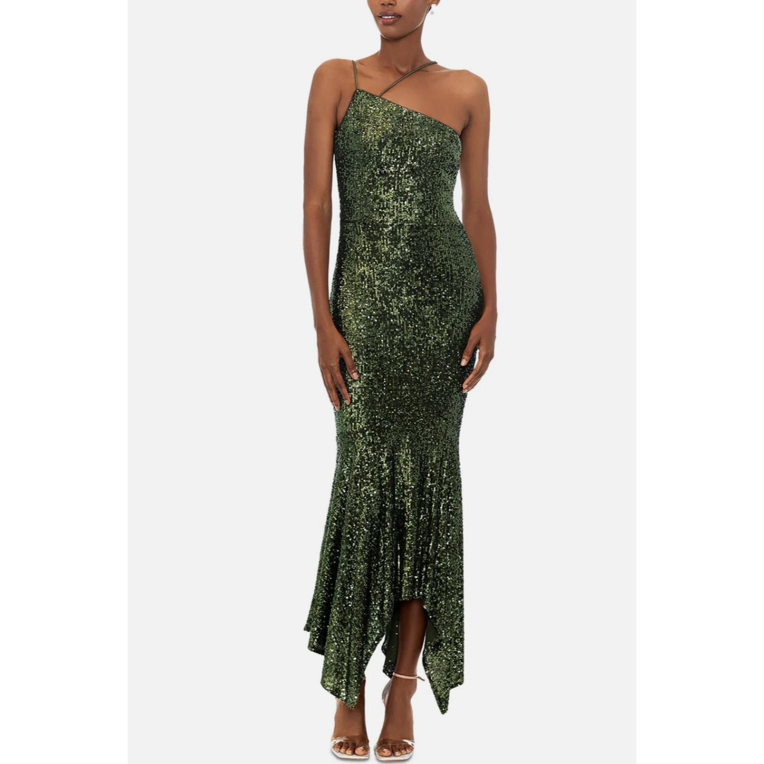 XSCAPE Asymmetrical Sequin Dress Hanky Hem Long Midi Cocktail Green US 4 NWT