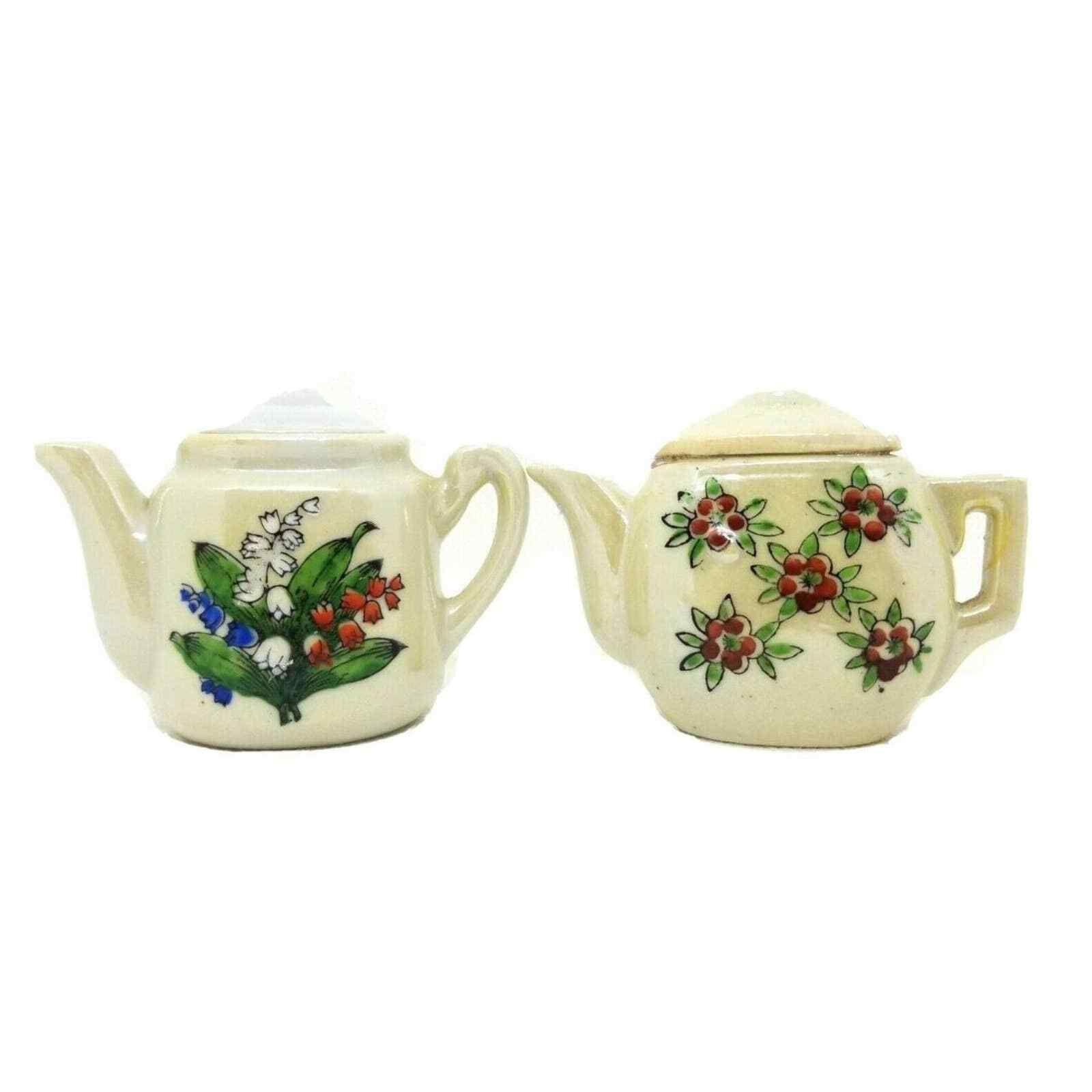 Vintage Miniature Teapots Lusterware Japan Hand Painted Flowers Floral White 2