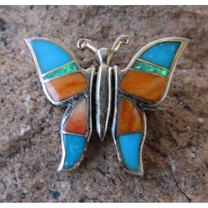 Supersmith David Rosales Sterling silver Inlay Butterfly pendant pin