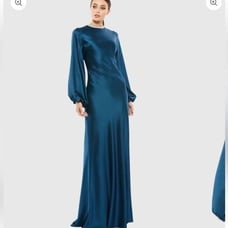 Mac Duggal 26575 Sapphire Beaded High Neck Bishop Sleeve Satin Gown | Size 12