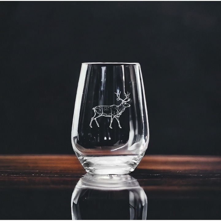 Caribou Stemless Wine Glasses x4 Premium 15 Oz Personalize Animal Outdoor NEW