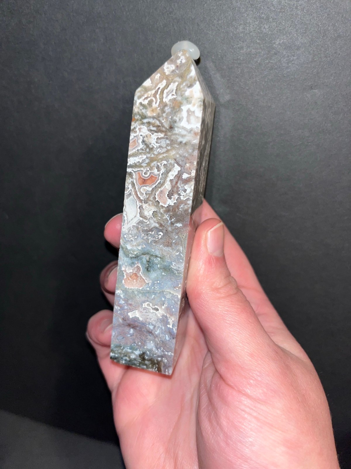 Purple with pink moss agate crystal tower