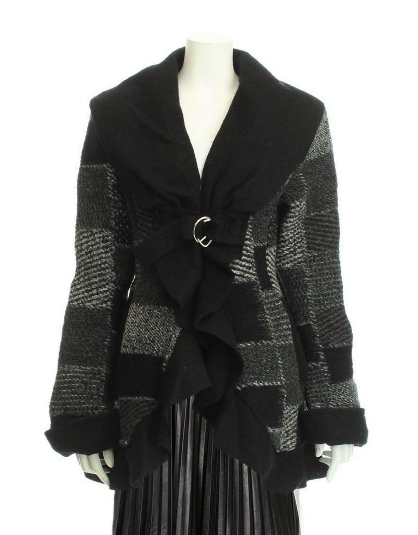 Italian Wool Blend Coat, Black, Size M, Shawl Collar, Jacket, Elegant Ruffles