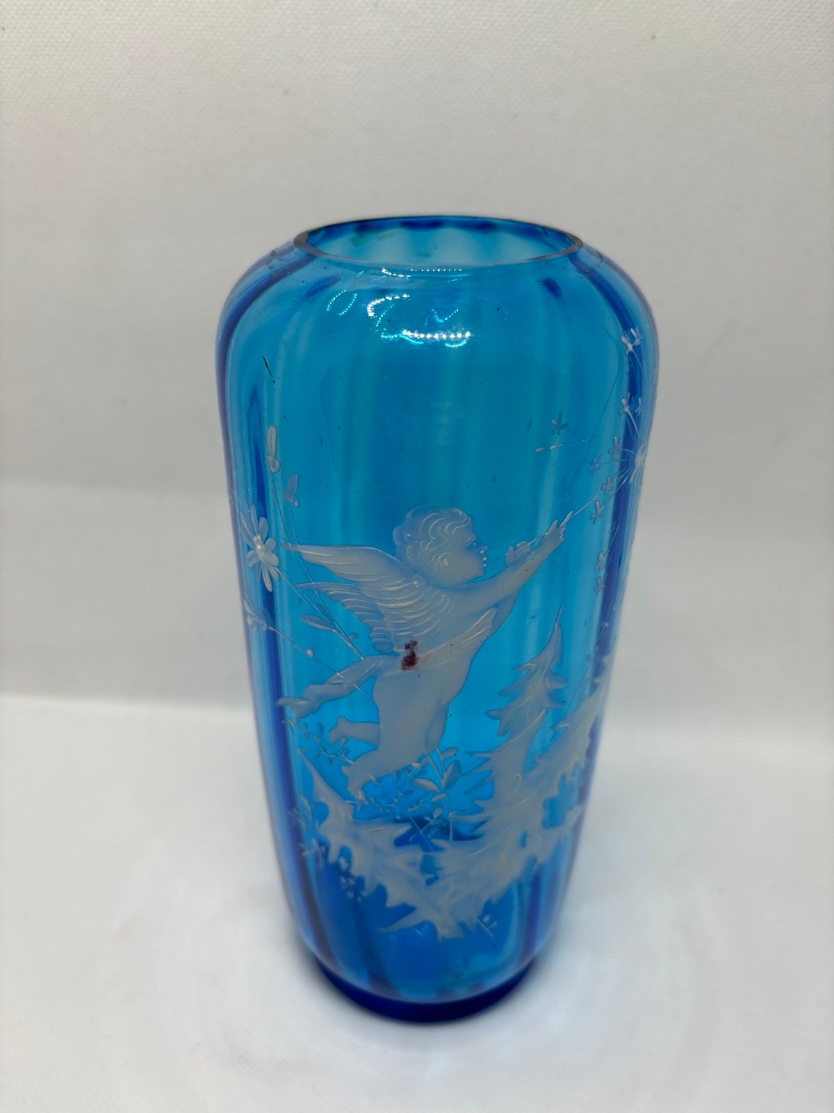 Mary Gregory Enamel Painted Angel Victorian Art Glass Blue Vase 8”
