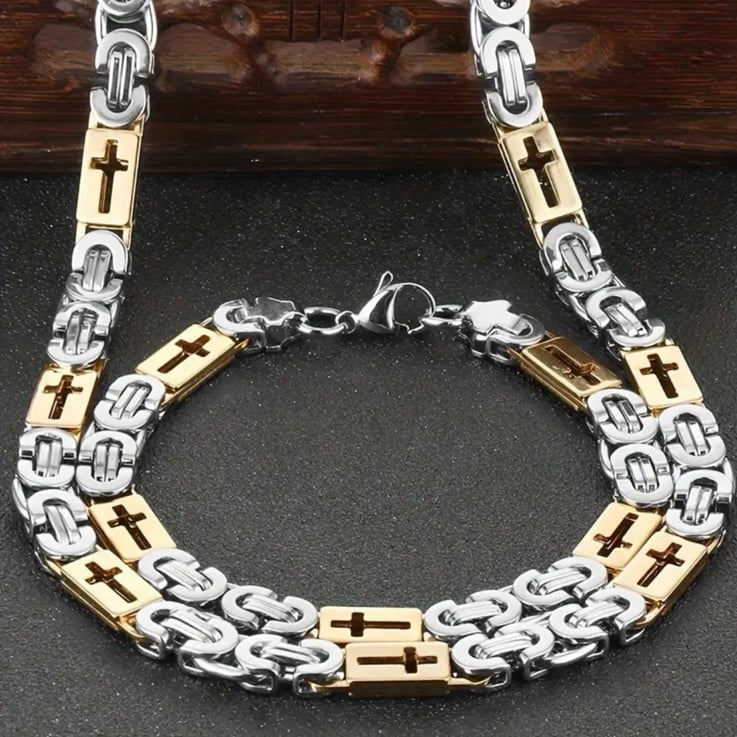 High Quality Gold Silver 2-tone Stainless Steel Cross Necklace Bracelet Set
