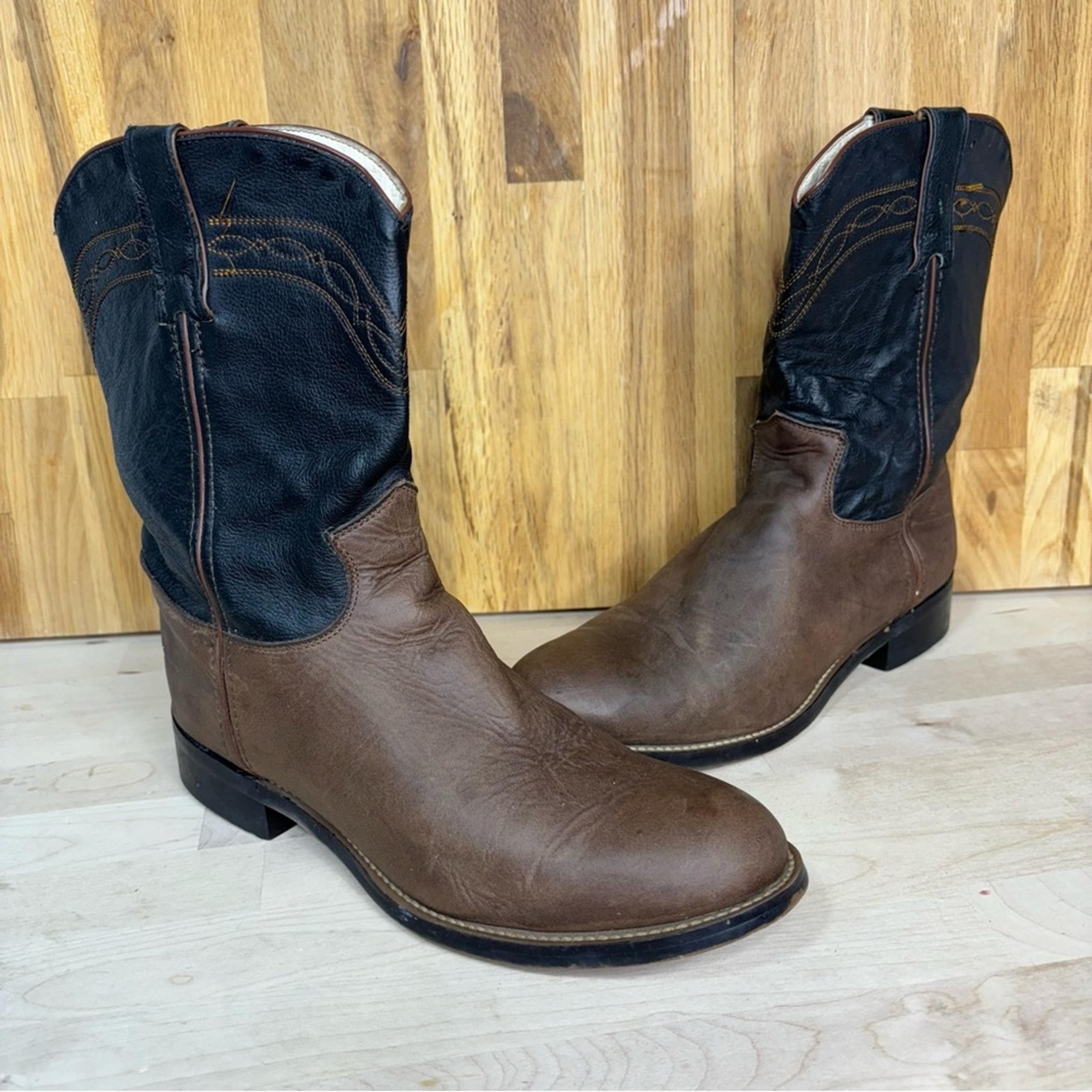 Justin Boots Kids Toper Western Boots Brown, Black Leather 5.5