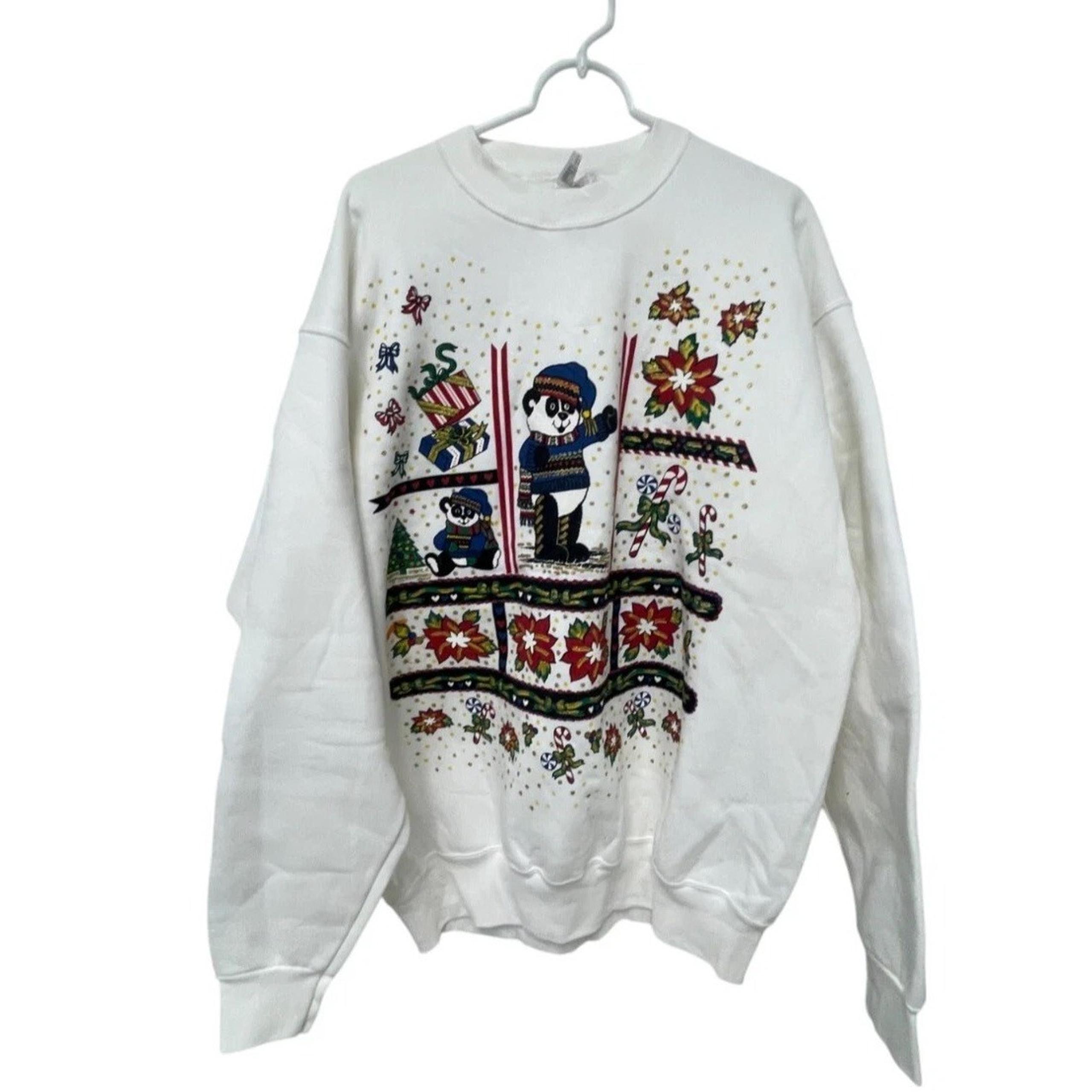 Fruit Of The Loom Panda Holiday Sweatshirt White Womens XL Pullover Christmas