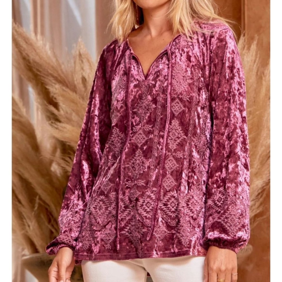 Savanna Jane Beretta Velvet Embroidered Blouse Size Large