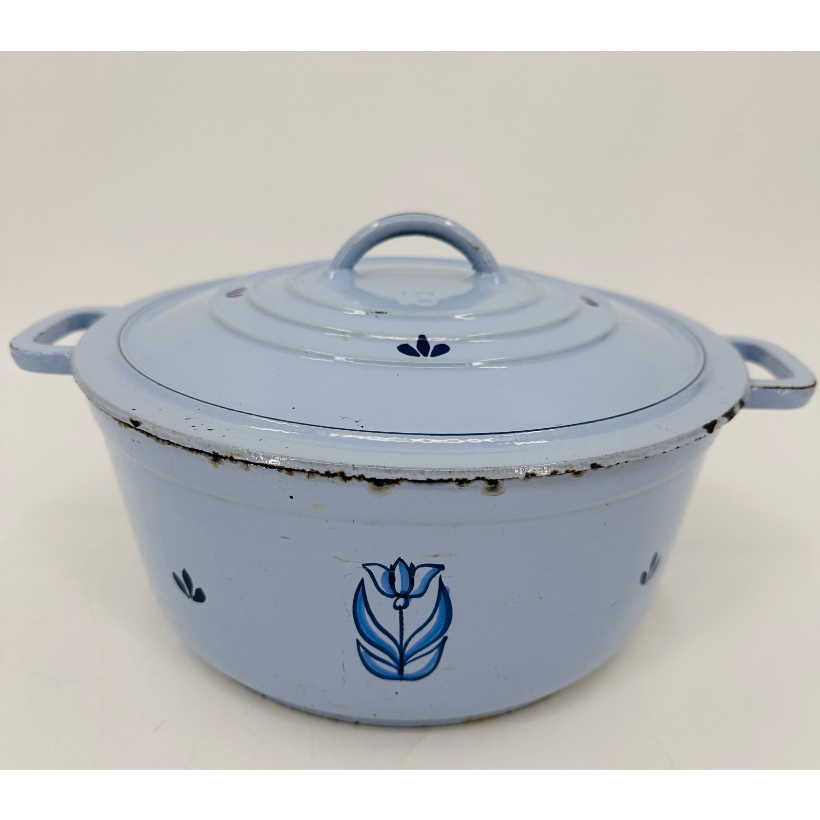 DRU Holland Blue Tulip Enamel Cast Iron #10 Dutch Oven Casserole Roaster w/ Lid