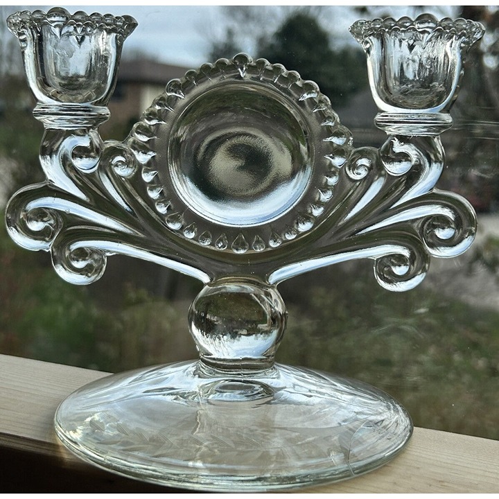 Vintage Paden City Etched Baby Orchid Pair Of Double Candleholders