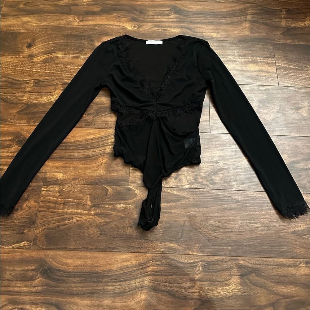 12th tribe - Deep v long sleeve bodysuit - mesh material - black - size s