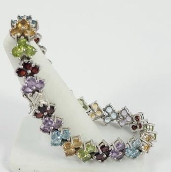 Vintage, Multiple Gemstone, Sterling Silver Bracelet, Heart Shaped Design 7.5”