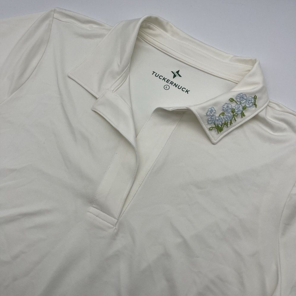 NWT Tuckernuck Polo Shirt Women Large Ivory Embroidered Floral Collar Short Slee