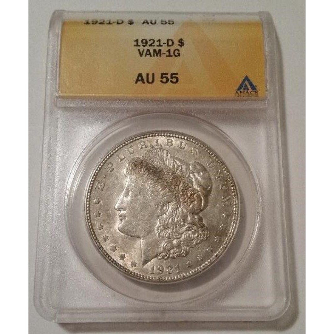 1921 D Morgan Silver Dollar VAM-1G R6 AU55 ANACS