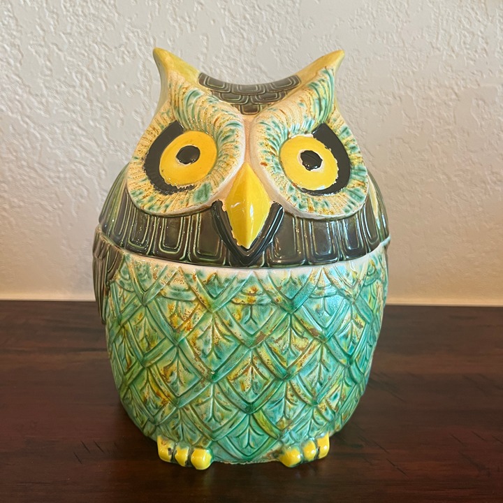 Vintage Owl Cookie Jar Glazed Ceramic Jar Artist Signed 81/4” Tall Boho Retro