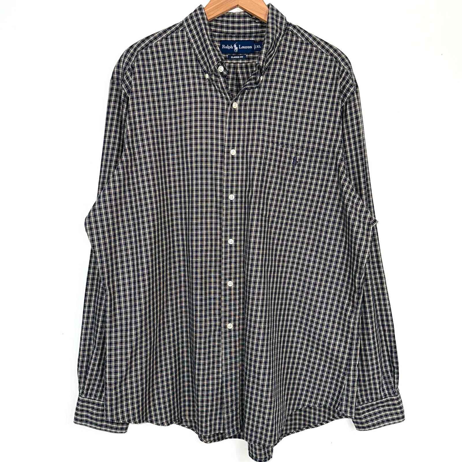 Ralph Lauren Classic Fit Navy Blue Cream Plaid Long Sleeve Button Up Shirt XL