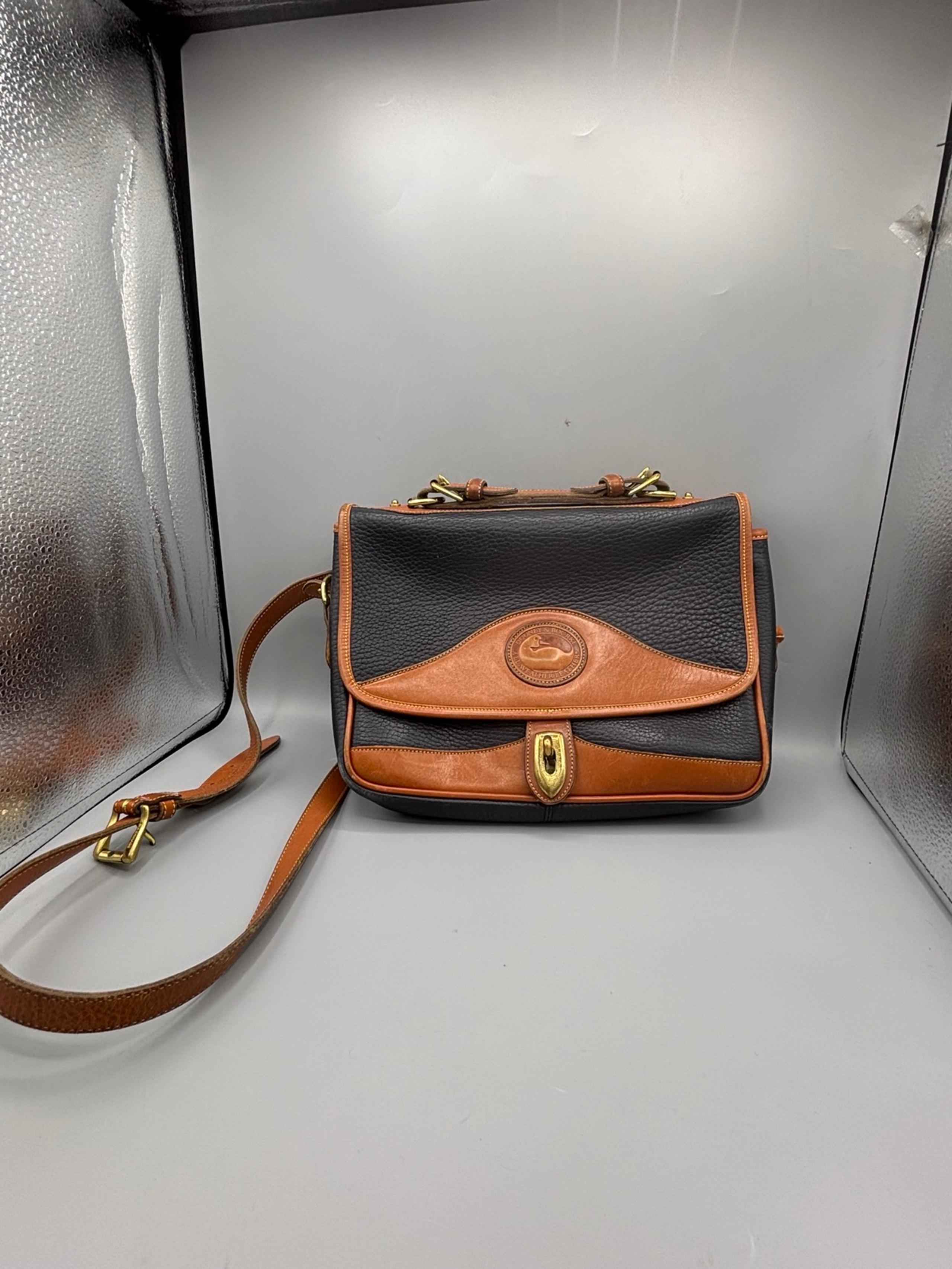 Vintage Dooney & Bourke Carrier Bag Black Brown All Weather Crossbody Flap Front