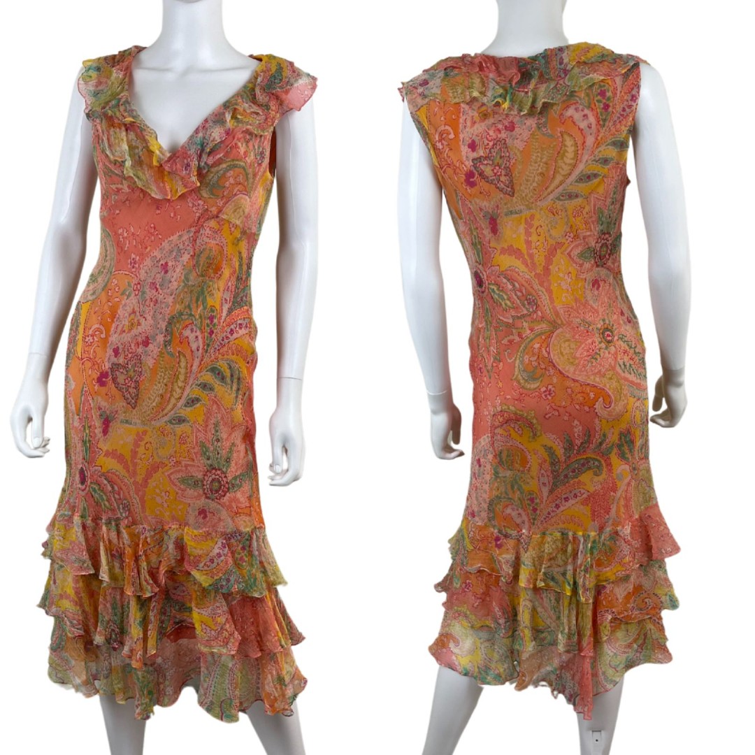 Ralph Lauren Black Label Women Size 12 Silk Ruffle Floral Paisley Midi Dress Y2K
