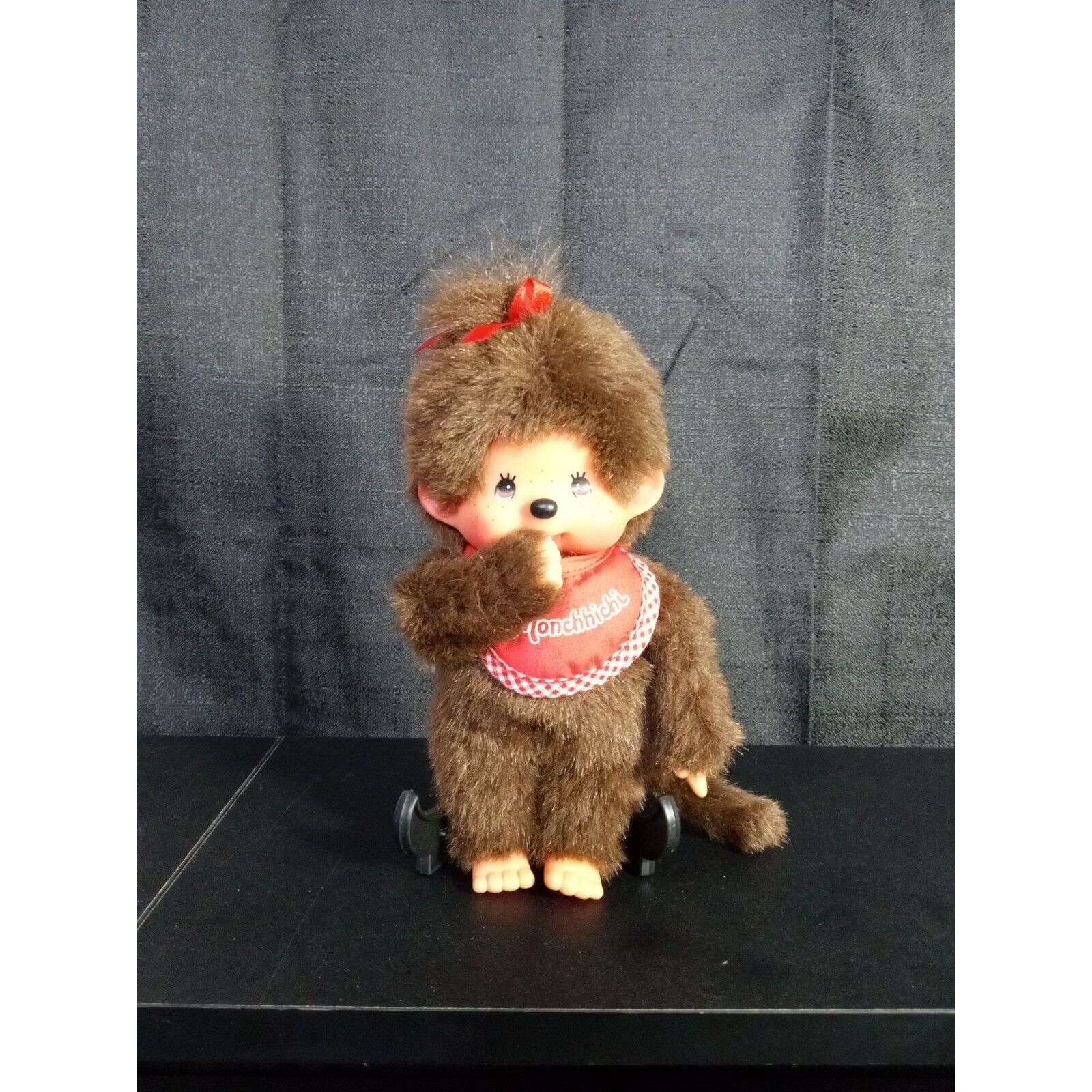 Monchhichi Sekiguchi Premium Standard Red bib Brown Girl vintage 19cm 7.5 tall