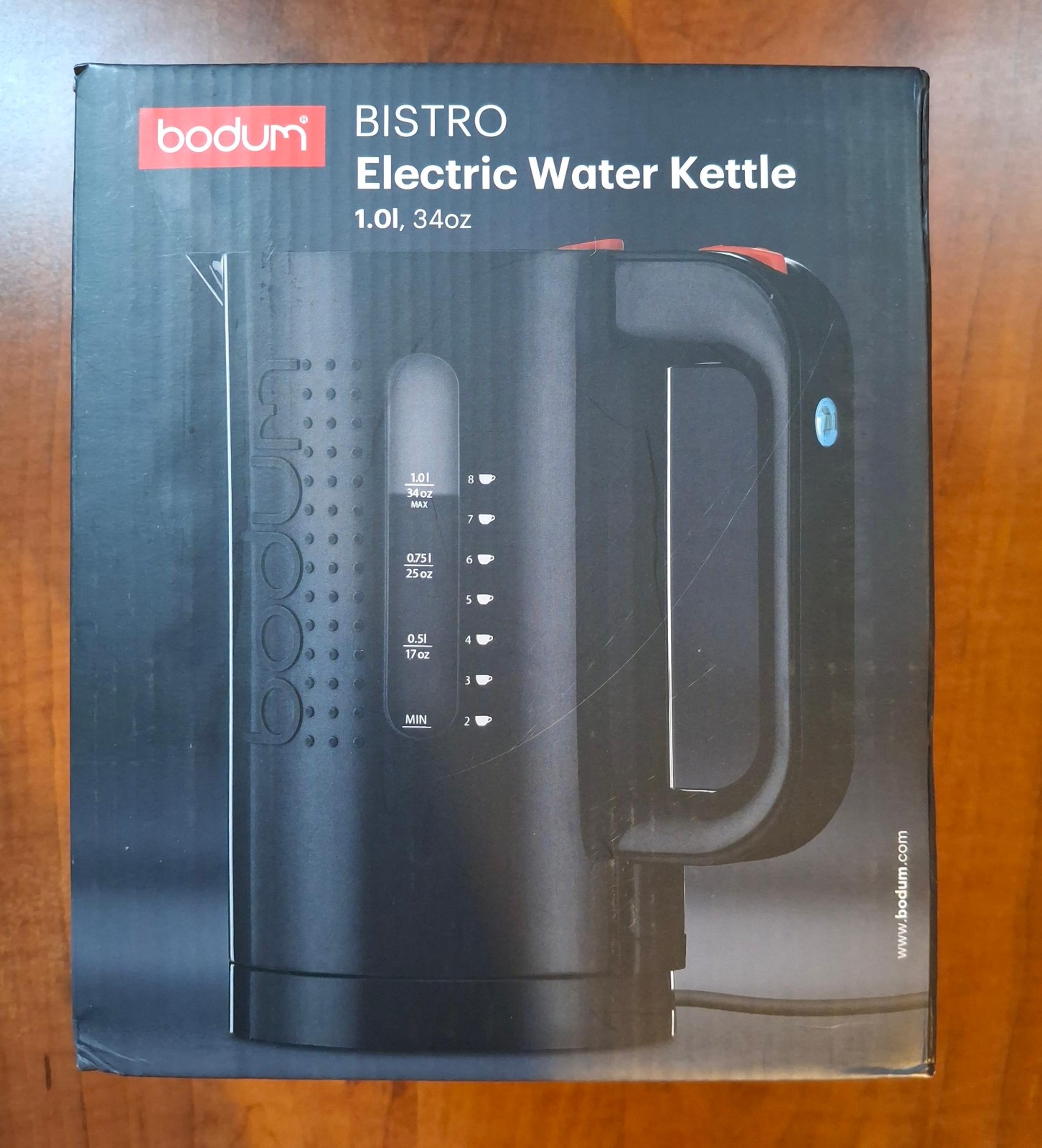 Bodum Bistro Electric Water Kettle, 34 Ounce, 1 Liter, Black, Rapid Boil W/Box