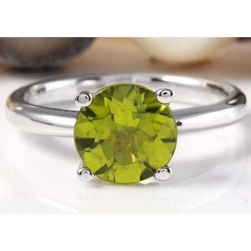 14k White Gold 2.20Ct Natural Round Green Peridot Solitaire Ring