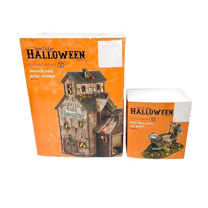 DEPT 56 Halloween Village HAUNTED RAILS GRAIN ELEVATOR + RATS THERE GOES MY
