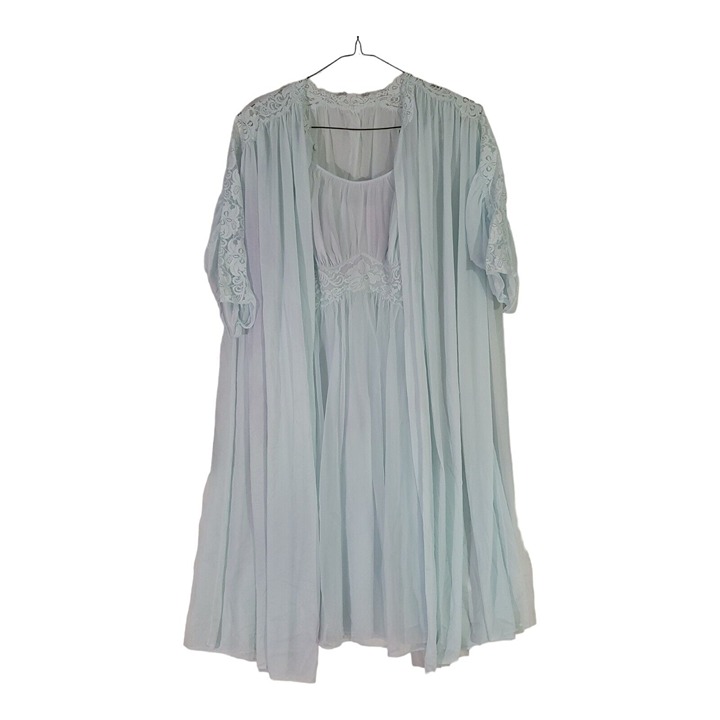 50s Vintage Vanity Fair Slip Gown & Peignoir Tricot Nylon Set Blue Lingerie MCM