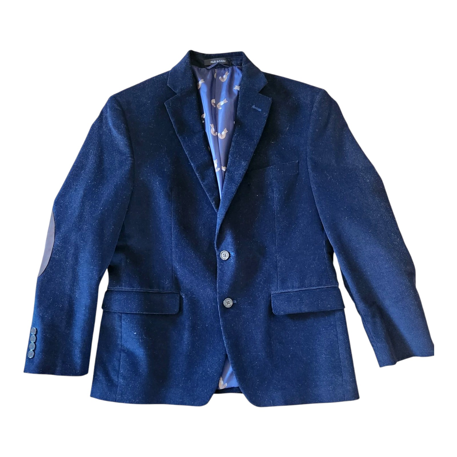 Ralph Lauren Mens Navy Blue Corduroy Sport Coat Fox Print Suede Elbow Patch 38 S