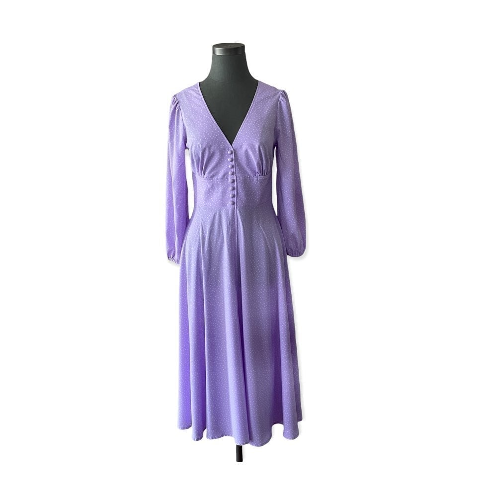 Beautiful Lilac White Dot V Neck Long Sleeves Prom Dress Long Fit & Flare Dress