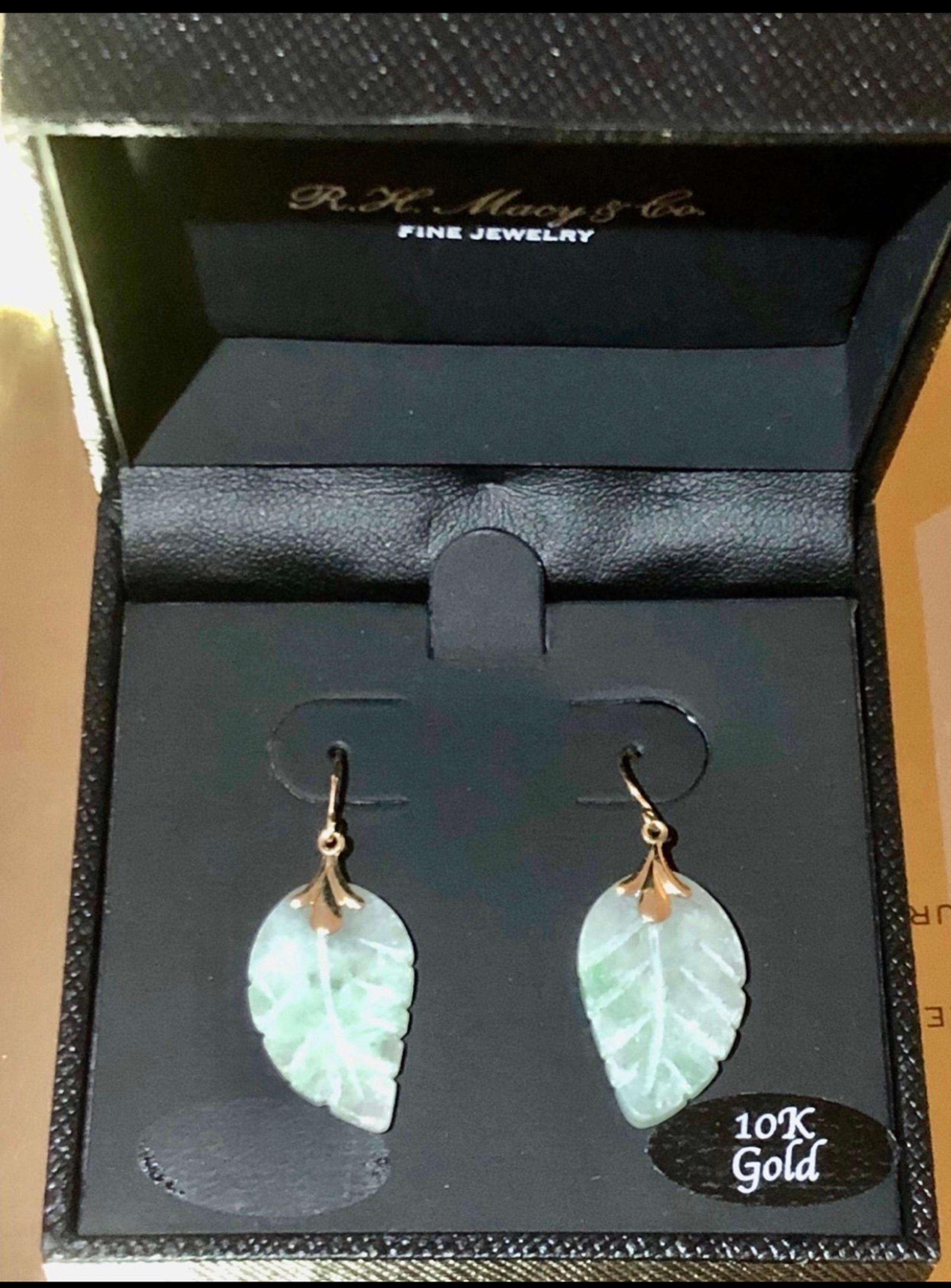 10K Solid Yellow Gold with authentic Icy Green Jade Leaf Dangle Earrings