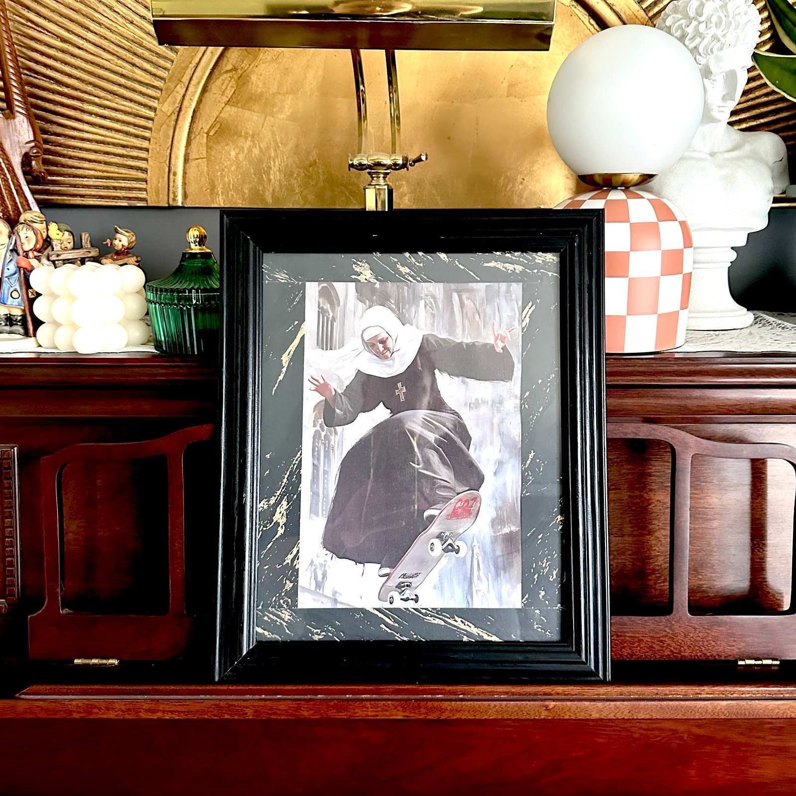 Skateboarding Nun Street Art Canvas Print Black Framed Quirky Silly 13.5x16.5”