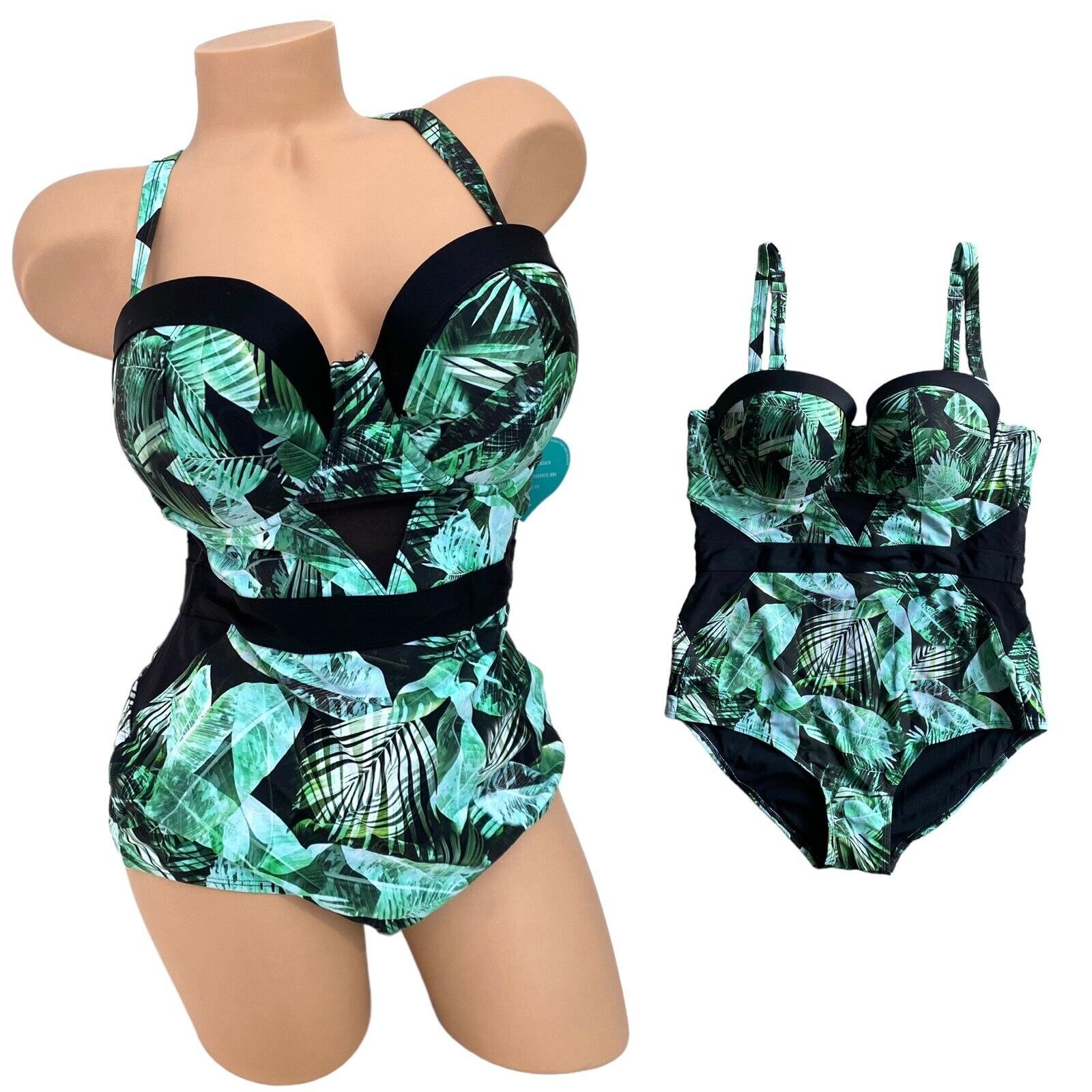 Torrid Women's Size 4 Plus 26 Swimsuit Vixen One Piece Green Palm Cutout Mesh