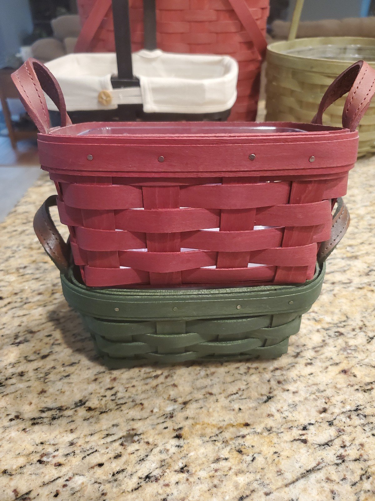Longaberger Lot of 2 2006 Tea Baskets Brick Red and Forest Green with Protectors