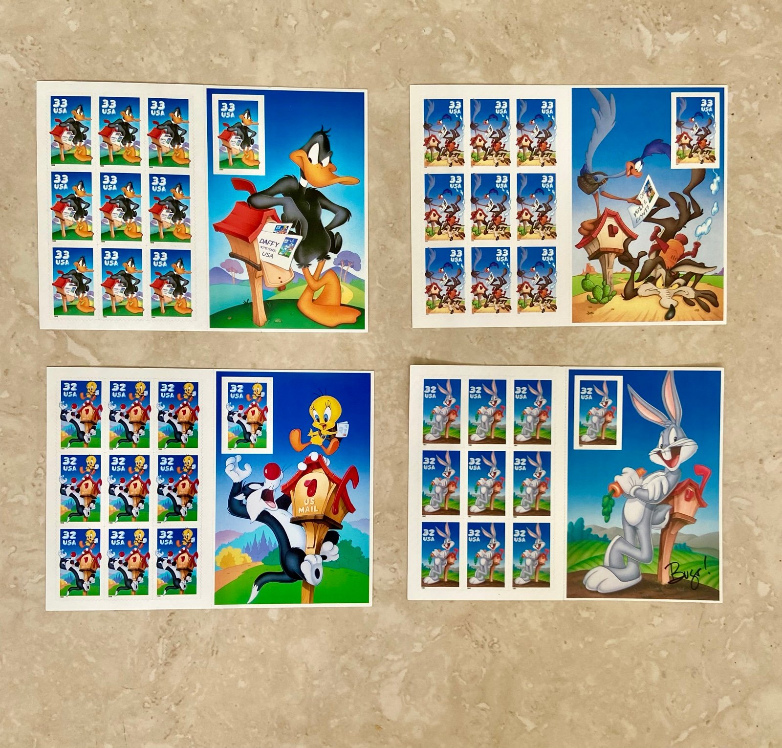 Vintage Looney Tuned Full Panes of Ten 32 Cent Stamps By USPS, set of 4