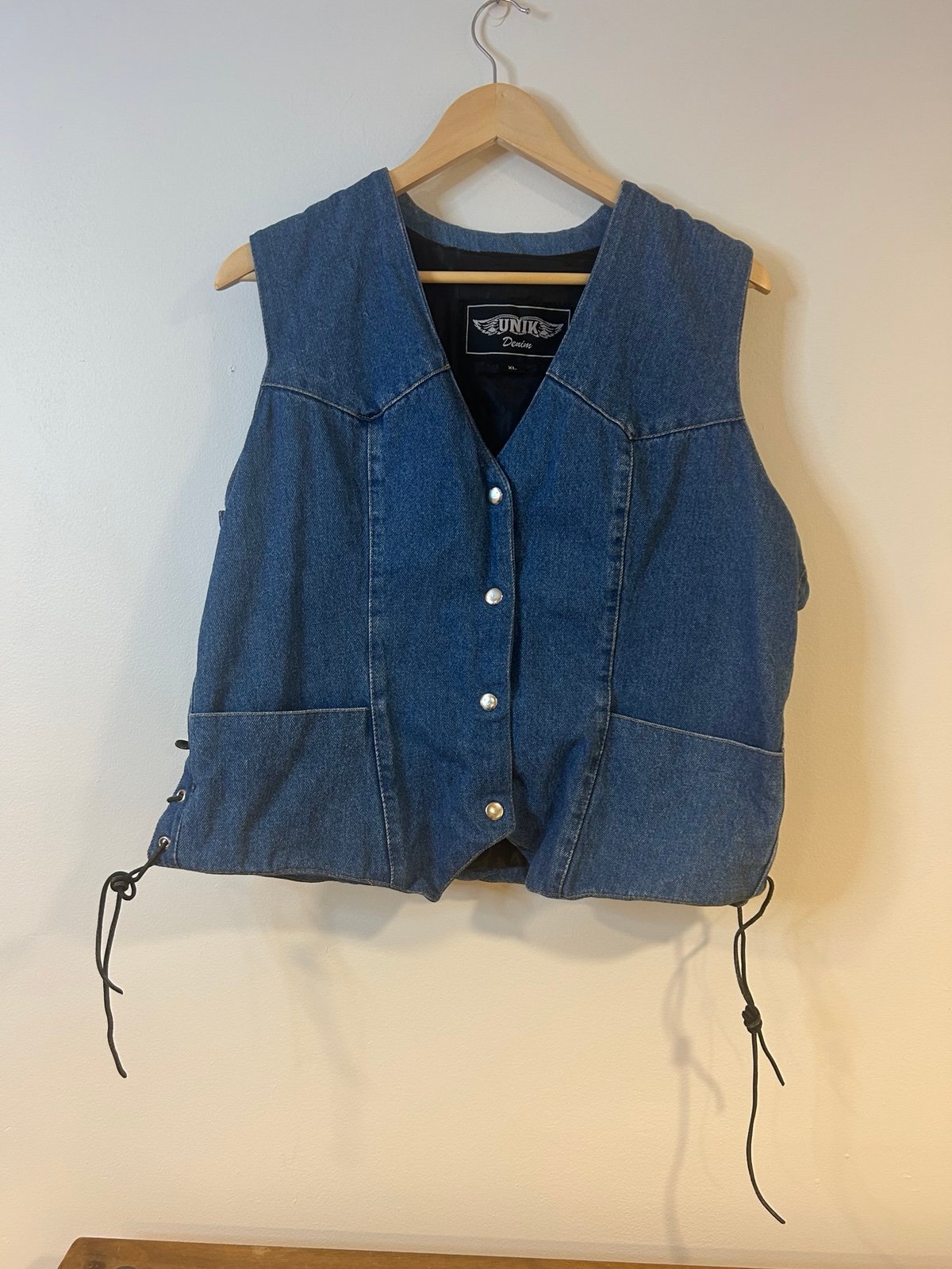 UNIK Moto Biker Denim Vest with Leather Tie Sides. XL. Classic & Kool!