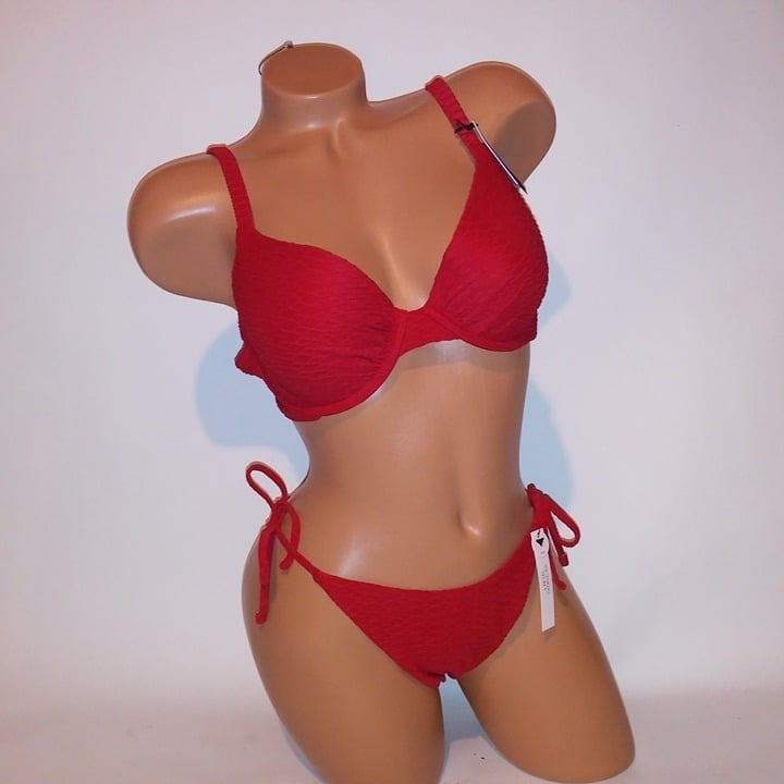 38DDD/L Victoria Secret Swim Bikini Top Large Bottom Cheeky Red Push Up Textured